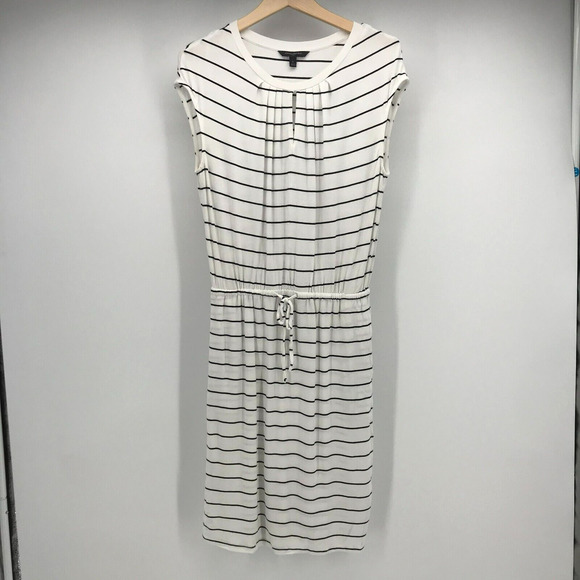 Banana Republic Dress Small White Black Stripe Blouson Keyhole Neck Pockets - Picture 1 of 7